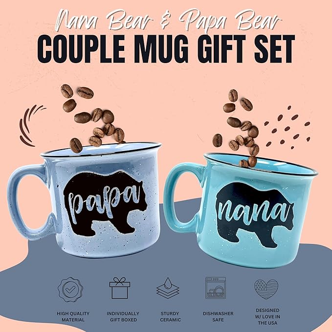 Brooke & Jess Designs Nana and Papa Bear Cute 15 oz Coffee Mugs for Grandma and Grandpa, Mother's Day, Father's Day Birthday (Nana Bear Teal and Papa Bear Light Blue Gift Set)