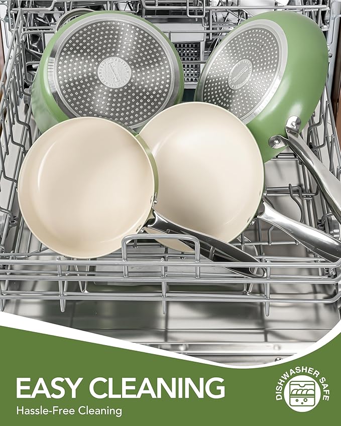 MICHELANGELO Pots and Pans Set Non Stick - Titanium Cookware Set Non Toxic Ceramic Coating, 8-Pcs Nonstick Pots and Pans with Ergonomic Handle, Dishwasher Safe & Induction Compatible, Green