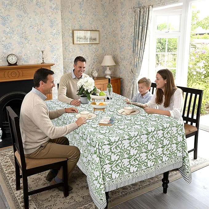 Ridhi Hand Block Print Sage Green Rectangle Cotton Tablecloth 118" x 70" Reusable Table Cover Decorative Everyday Use for Dining, Farmhouse, Home Gift for Spring, Easter, Valentine