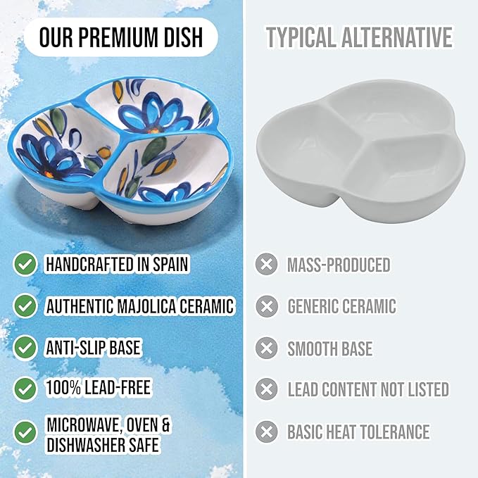 Ceramic Chip & Dip Bowl 7.5”, 3-Compartment Divided Serving Dish & Condiment Tray for Appetizers – Handmade in Spain, Lead-Free Glaze, Microwave, Oven & Dishwasher Safe