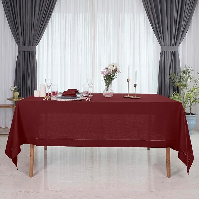 D'Moksha Homes Dark Red Linen Tablecloth 60 x 120 Inch - 100% Pure Linen Hemstitch Tablecloth for Rectangle Tables - Classic Hemstitch, Machine Washable Table Cloth for Valentines, Spring