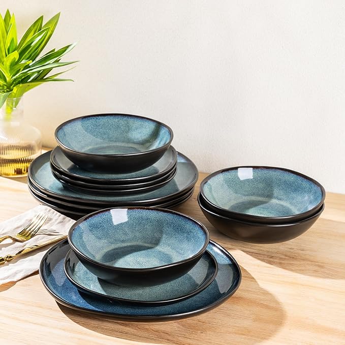 AmorArc Ceramic Dinnerware Sets,Handmade Reactive Glaze Stoneware Plates and Bowls Set,Highly Chip and Crack Resistant | Dishwasher & Microwave Safe Dishes Set,Service for 6 (18pc)