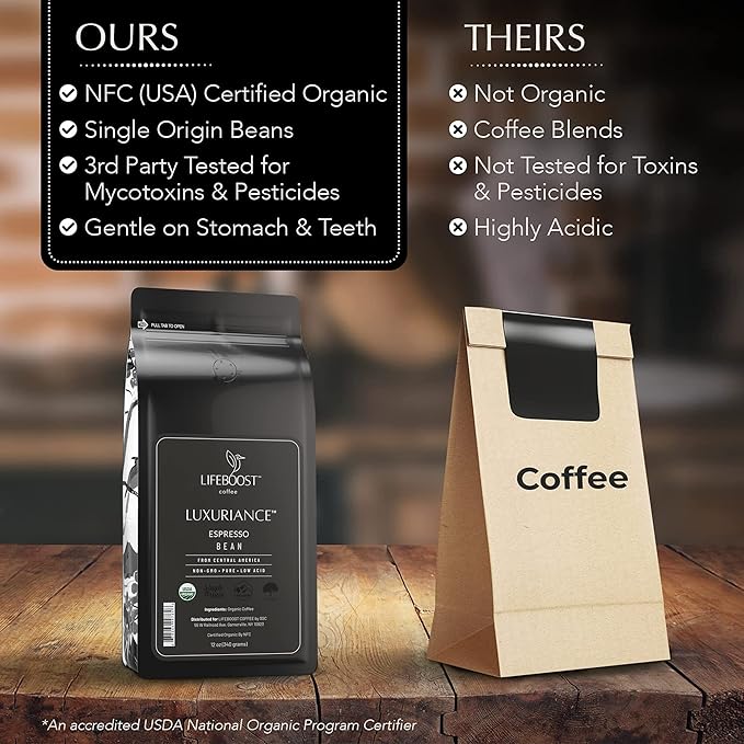 Lifeboost Organic Espresso Whole Bean Coffee - Low Acid Espresso Coffee, Non-GMO, USDA Organic, Single Origin, Third-Party Tested for Mycotoxins & Pesticides - 12 oz Bag