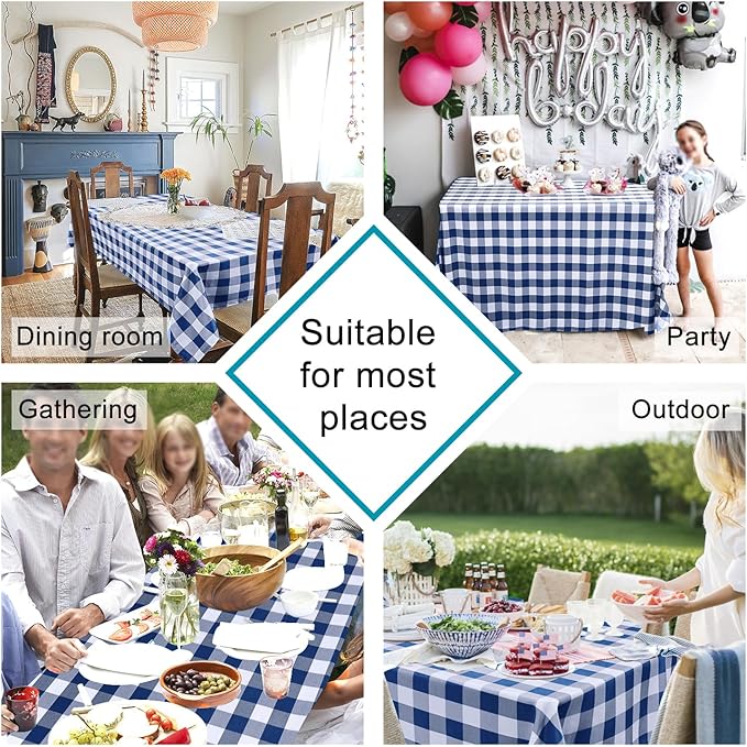 Hiasan 60 x 84 Inch Checkered Tablecloth Rectangle - Waterproof and Wrinkle Resistant Table Cloth for Picnic, Dinner and Party, Washable Polyester Fabric, Navy Blue and White Gingham Pattern