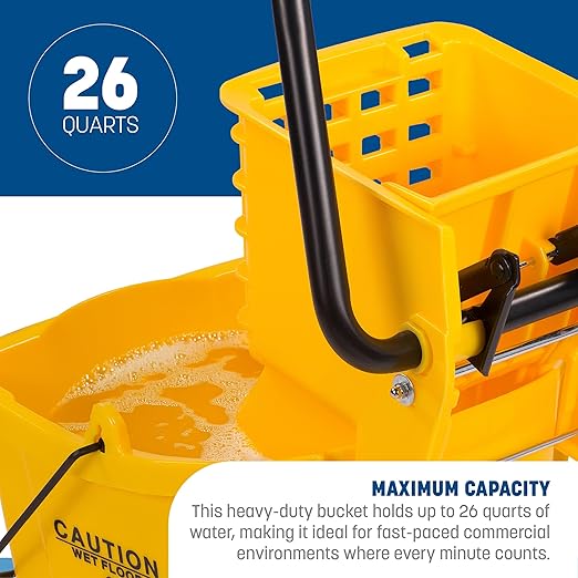 Carlisle FoodService Products 26-Quart Commercial Mop Bucket with Side-Press Wringer, Precision-Molded Polypropylene, Durable Wringer, Bucket with Non-Marking Casters, 18.5 x 16.5 x 23 Inches, Blue