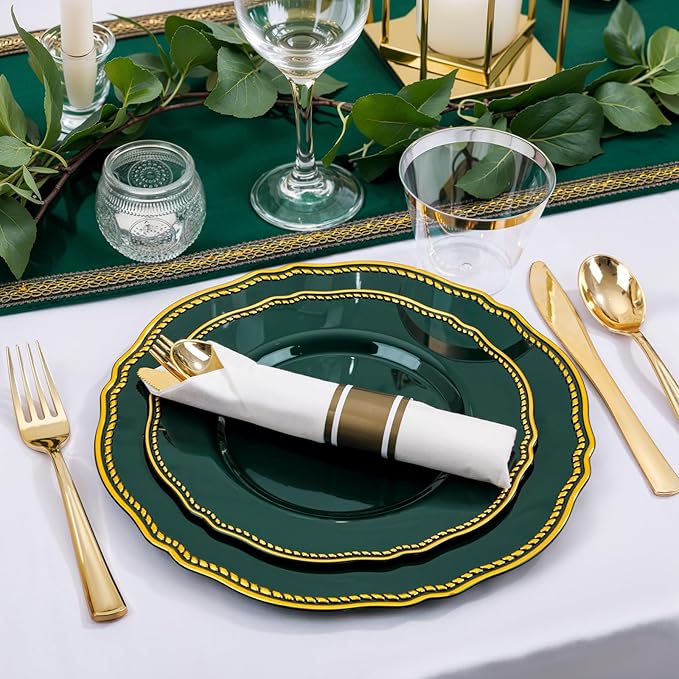 Hioasis 175pcs Green Gold Plastic Plates - Gold Plastic Dinnerware Set Includes 25 Dinner Plates, 25 Dessert Plates, 25 Gold Utensils, 25 Napkins Perfect for Wedding & St. Patrick's Day