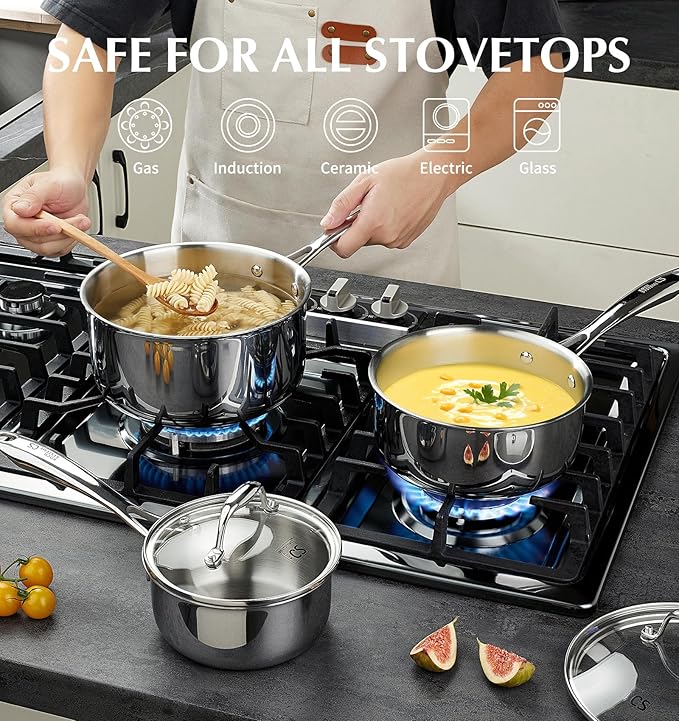 KOCH SYSTEME CS Triply Stainless Steel Saucepan Set, 1QT & 2QT & 3QT Stainless Steel Pot Set with lid, Diswasher & Oven Safe, Induction Compatible Pot, 6PCS