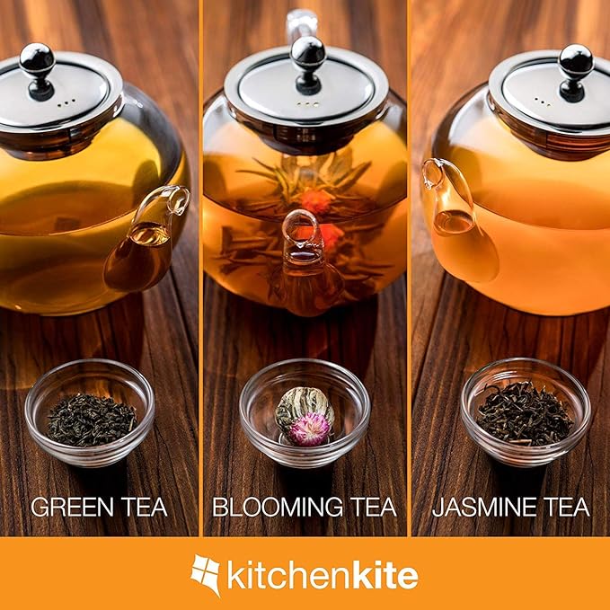 Glass Teapot Set with 4 Double Wall Teacups & Removable Stainless Steel Infuser - Microwave Dishwasher Safe Clear Blooming Loose Leaf Teas, Tea Maker Gift