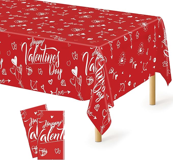 QZYL 2 PCS Valentines Decorations, Disposable 108" X 54" Valentines Tablecloths, Plastic Romantic Red Love Heart Tablecloths, Rectangle Love Table Covers, Valentine's Decorations for Memorable Tables