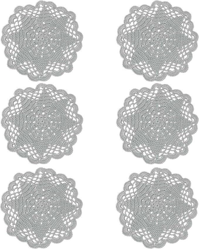 BIBITIME Handmade Crochet Round Lace Doilies Kitchen Table Placemats Wedding Tea Flower Vase Cup Mats (Light Grey, 6" to 7",Pack of 6PCS)