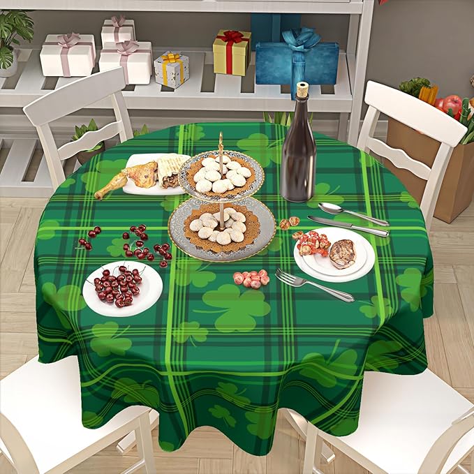 St. Patrick's Day Round Tablecloth 70 Inch Green Plaid Shamrock Print Circle Table Cloth Seasonal Holiday Saint Patrick Table Cover for Party Kitchen Dinner Home Decor
