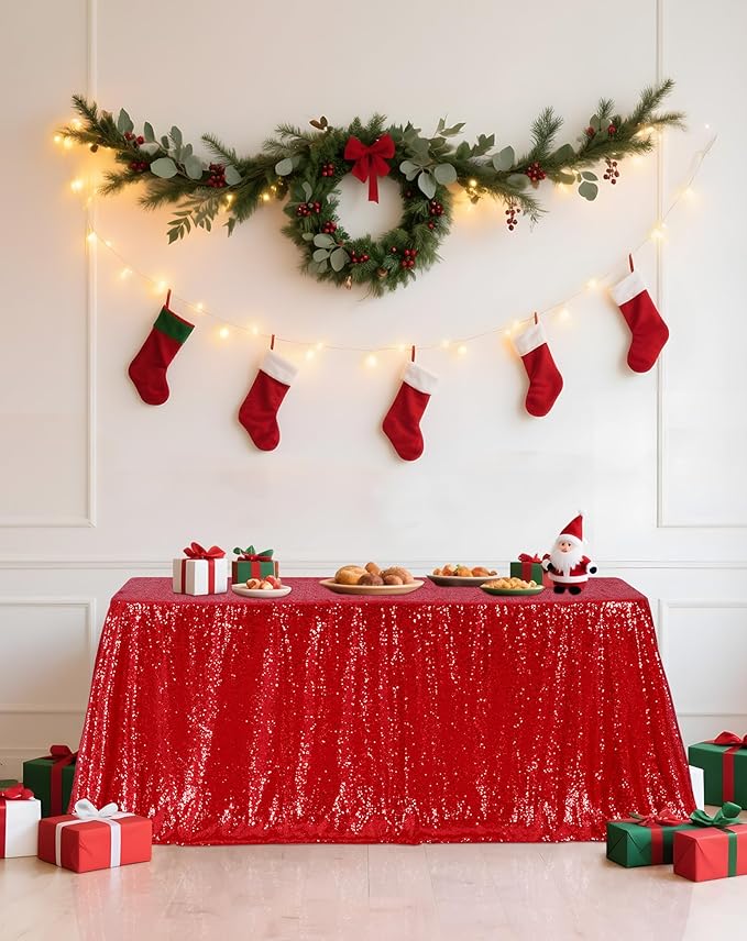 Eternal Beauty Red Tablecloth, 90x156 Inch Sequin Christmas Rectangle Table Cover for Valentines Cake Dessert Exhibition Party Birthday Events
