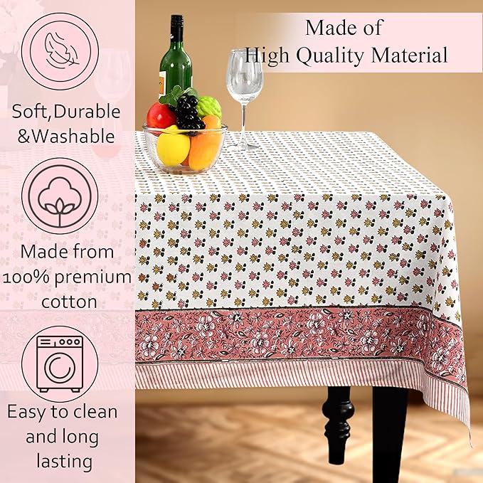 CPC Rosette Bloom Tablecloth 100% Cotton 72x160 Inch Indian Block Print Rectangle Table Cover, Table Cloth for Gifting in Weddings, Halloween, Fall, Christmas, Thanksgiving