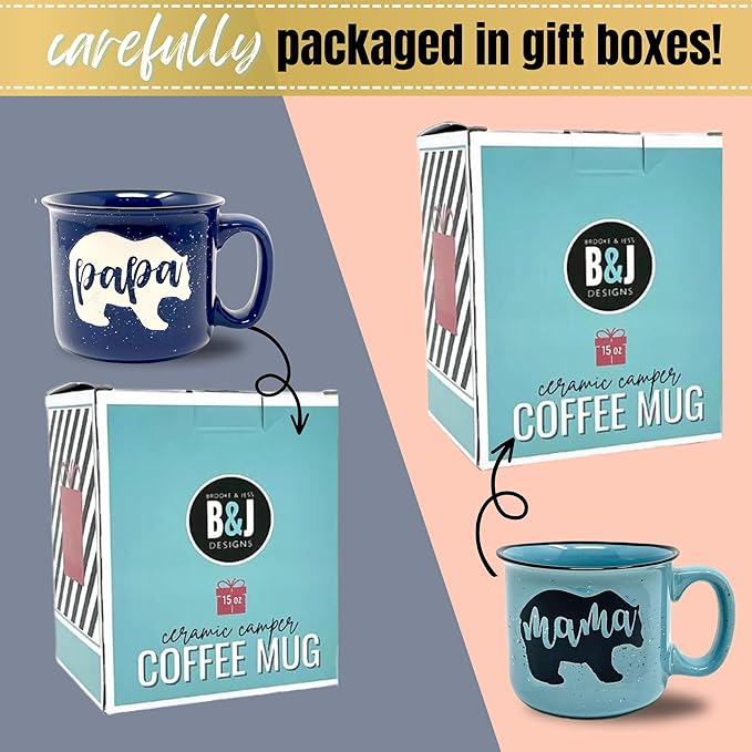 Large Mama Bear & Papa Bear 15 oz Coffee Mug Gift Set - Cute Coffee Cup Set for Men and Women - Unique Fun Gifts for Parents, Couples, Grandparents for Birthdays, Mother's Day, Father's Day, Christmas