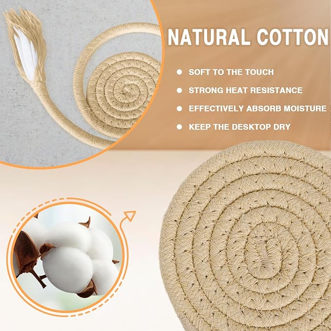 12 Pcs Handmade Woven Coasters for Drinks, Absorbent and Insulating Cotton Coasters with Seagrass Basket Holder set, Boho Perfect for Coffee Table and Home Decor