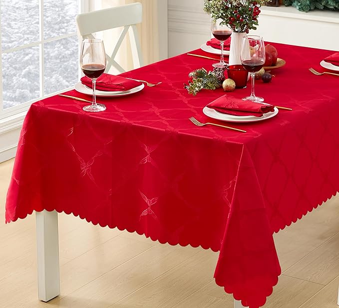 Newbridge Valentines Day Rectangle Tablecloth, 60 x 84 Inch, Ribbons and Bows Damask, Wrinkle and Stain Resistant Fabric Table Cloth, Holiday Red