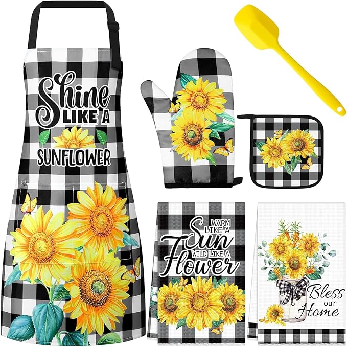 Hoolerry 6 Pcs Kitchen Apron Dish Towels Oven Mitts and Pot Holders with Spatula for Women Wife Grandma Cooking Baking Gifts