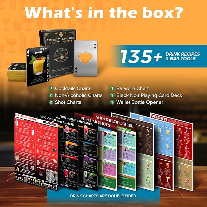 Recipe Mix Drink Kit - 120+ Alcoholic & Non-Alcoholic Cocktails, Bar Kit, Bartender Gift for Men & Women (1PK Black Cards + Charts)