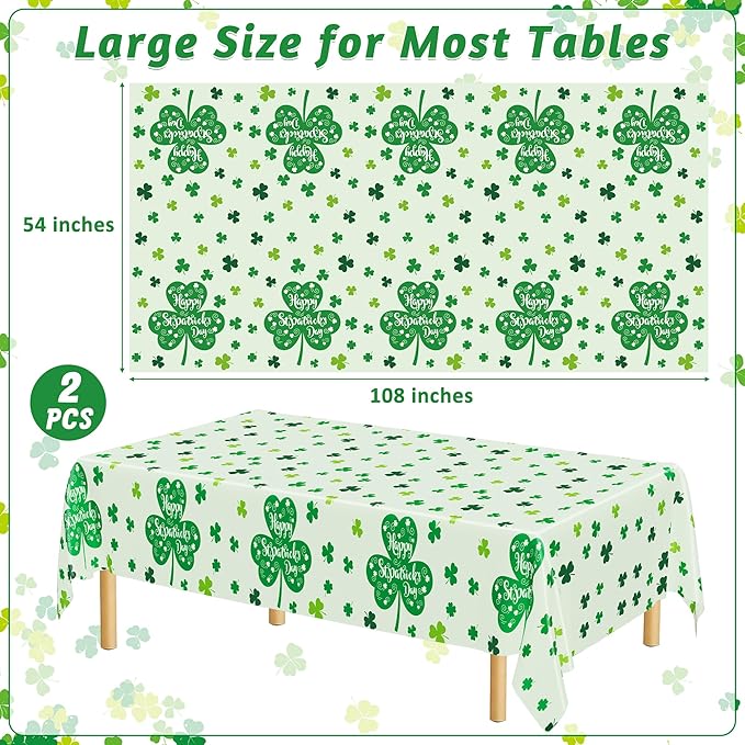 QZYL 2 Pcs St Patricks Day Decorations, 108" X 54" Shamrock Decorations, Plastic Happy St. Patrick's Day Tablecloth, Shamrock Tablecovers, Disposable Rectangle Irish Green Table Cloth for Lucky Party