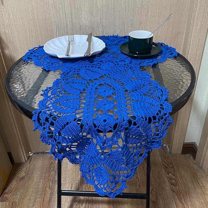 BIBITIME Lace Tablecloth Doily Handmade Crochet Placemat Women Vase Mat Kitchen Table Runner (4PCS- 12 x 22 in, Blue)