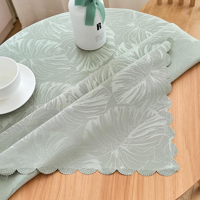 Square Tablecloth Green 36x36 Inch Leaves Pattern Scalloped Edge Waterproof Jacquard Nightstand End Table Cover for Coffee Teapoy Table Room Decor