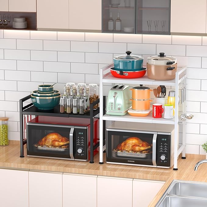 PUSDON Extendable Microwave Oven Rack, Adjustable Microwave/Toaster Shelf Heavy Duty Stand Kitchen Counter Top Organizer, 2 Tier with 3 Hooks, 160lbs Weight Capacity, Black