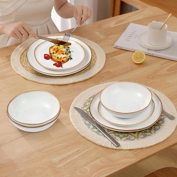 Herogo Stoneware Dinnerware Sets, 12 Piece Dinner Dishes Set for 4, Ceramic Plates and Bowls Dishware, Tableware Includes Dinner Salad Plates, Soup Bowls, Microwave & Dishwasher Safe, Pearl White