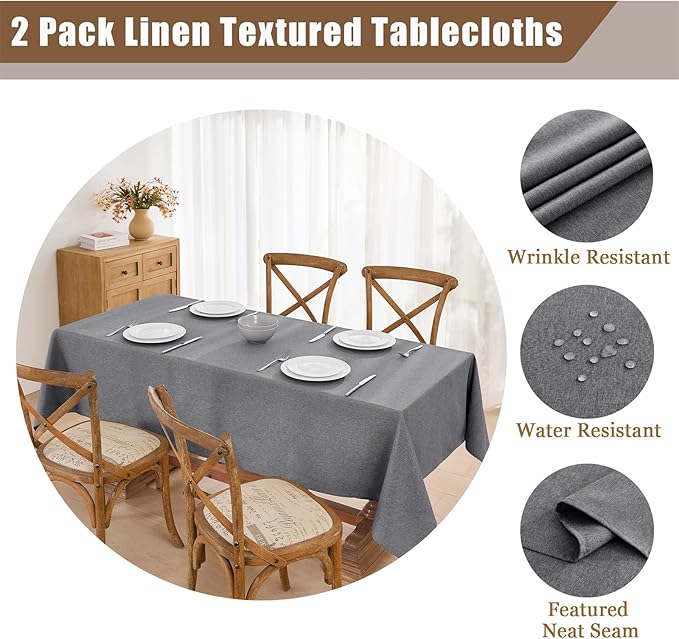 Faux Linen Tablecloths for Rectangle Tables, 2 Pack Burlap Textured Table Cloths Washable Farmhouse Table Cover Water Resistant for Dining, Wedding, Outdoor(Darkgrey, 60"×120")