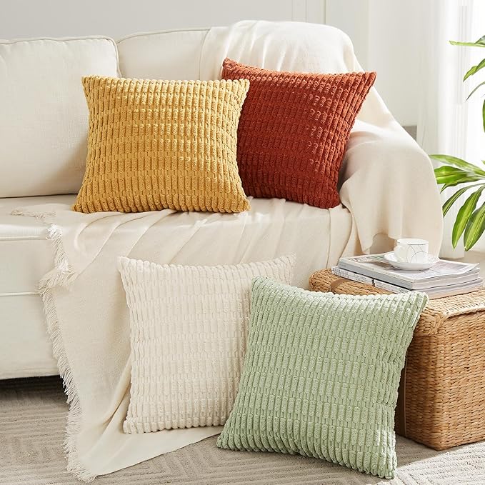 Fancy Homi 4 Packs Boho Fall Small Decorative Throw Pillow Covers 14x14 Inch for Living Room Couch Bed Sofa, Rustic Farmhouse Home Decor, Soft Plush Textured Corduroy Square Cushion Case 35x35 cm