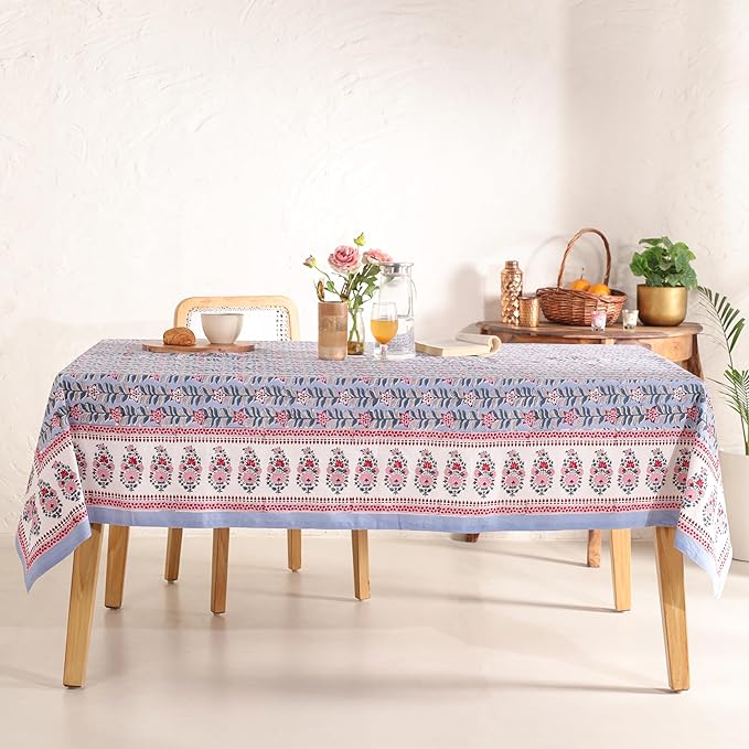 Hand Block Printed Table Cover - Exquisite Design, Premium Cotton Fabric, Perfect for Dining and Decor, Dining Table Linen (Gray Petal Glow, 8 Seater 72 x 108 Inches Rectangle)