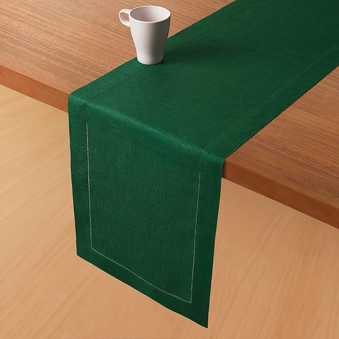 D'Moksha Homes Linen Forest Green Table Runner 72 Inches Long - 100% Pure Linen Hemstitch Table Runner 14 x 72 Inch for Dresser, Dining, St Patricks Day, Easter - Classic Hemstitch