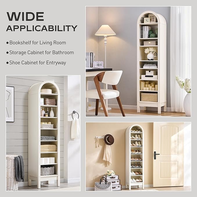 71" Tall Arched Bookshelf, 8 Tiers Arch Bookcase with Storage, Modern Farmhouse Book Shelf with Adjustable Shelves, Wood Bookshelf w/Open Display Shelves for Living Room, Office (Antique White)