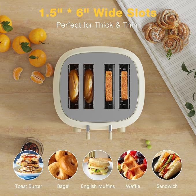 Toaster 4 Slice,Retro Stainless Steel Toaster with Extra Wide Slots Cancel, Bagel, Defrost Function, Dual Independent Control Panel, Removable Crumb Tray and High Lift Lever (Beige)