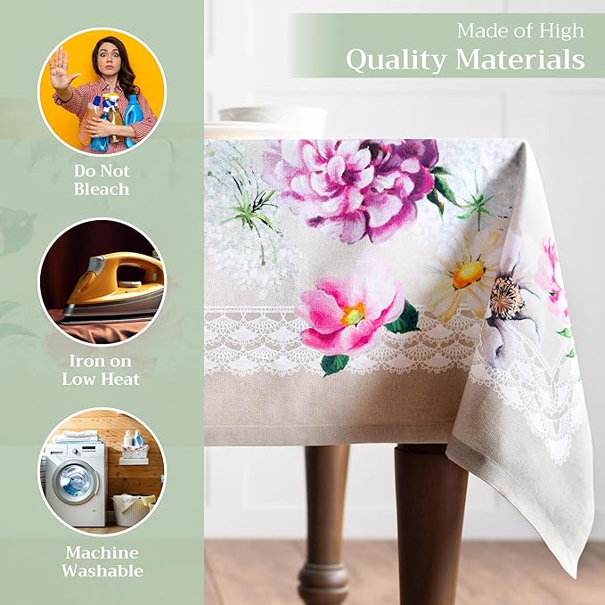 Maison d' Hermine Table Cloth Square Table 100% Cotton 54 x 54 Inches Tablecloth Reusable Decorative for Dining Room Farmhouse Home Valentines Day Decorations Spring Summer - Pivoine