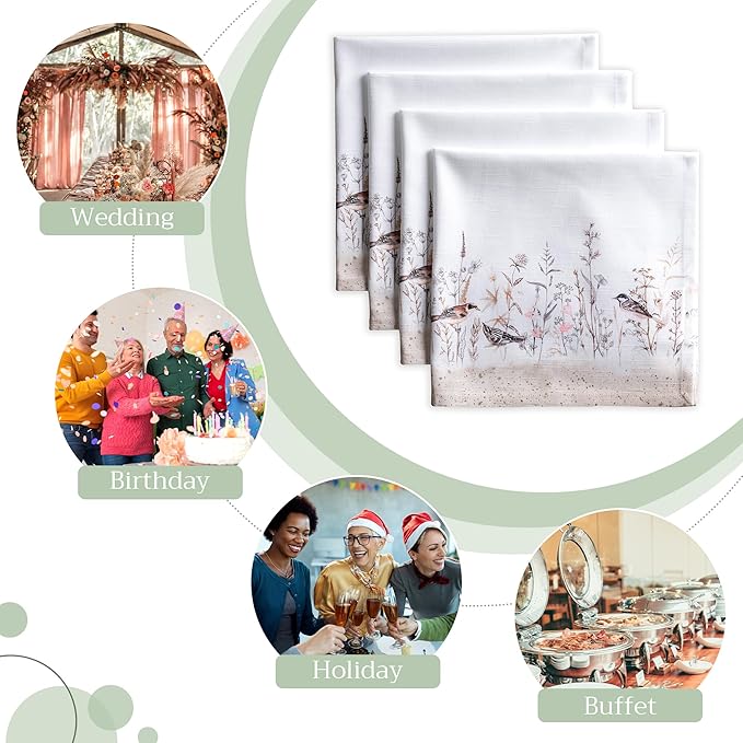 Maison d' Hermine Cloth Napkins Set of 4 100% Cotton Everyday Reusable Square Napkins Cloth Washable Dinner Wedding Valentines Day Decorations Spring/Summer (Meadow Florals - Brown, 20" x 20")