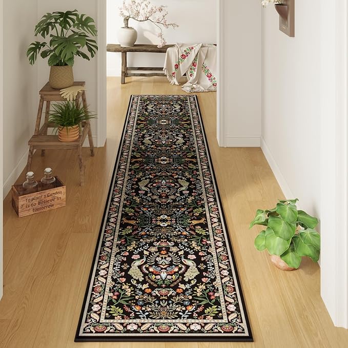 Runner Rug Washable Kitchen Runner 2'x10' Rug Floral Non-Slip for Entryway Indoor Soft Carpet for Hallways, Kitchen, Laundry, Bedroom, Bathroom (Vibrant Black)