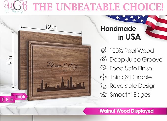 Personalized Cutting Board, Custom Wedding, Anniversary or Housewarming Gift Idea, Wood Engraved Charcuterie, for Kitchen or Chef, Major US City Skyline Design 050
