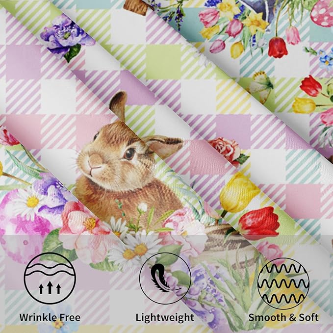 Easter Rabbit Round Tablecloth 60 Inch Easter Bunny Floral Colorful Buffalo Plaid Circle Table Cloth Seasonal Holiday Rustic Table Cover for Party Kitchen Dinner Home Decor