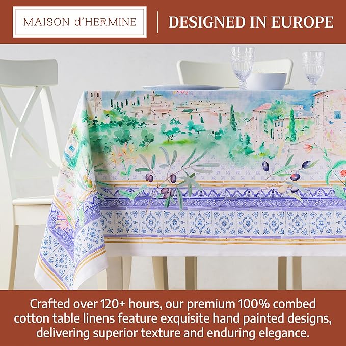 Maison d' Hermine Premium Table Cloth Rectangle Table 100% Combed Cotton 108 x 70 Inches Tablecloth Reusable Decorative for Dining Room, Farmhouse, Home, Party, Festive & Wedding - Luberon