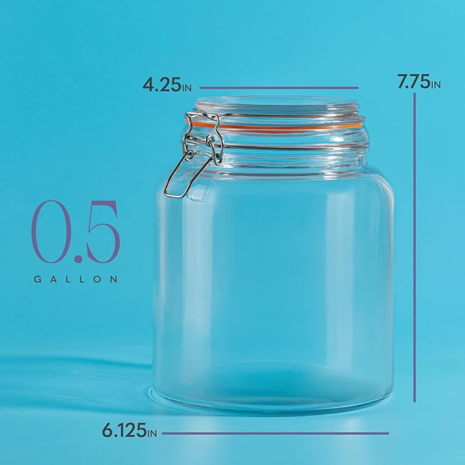kitchentoolz Half Gallon Glass Large Mason Jars with Airtight Lid - 64oz Wide Mouth Flour & Sugar Container. Also for Sourdough, Pasta, Pickles, Cookies- Flip Top Hinged Closure - 2 Pack