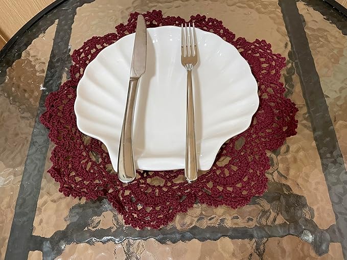 BIBITIME 2PCS 13 inches to 14 inches Cotton Crochet Doilies Kitchen Placemats Round Handmade Knitted Flower Cup Mug Mats Doily Wine Red Coasters