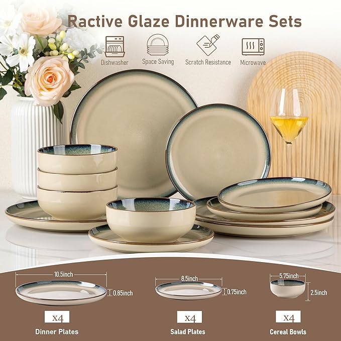 GBHOME Ceramic Dinnerware Sets for 4, 12 Pieces Stoneware Plates and Bowls Sets, Scratch Resistant Dishes, Dishwasher & Microwave Safe, Reactive Glaze-Gravel