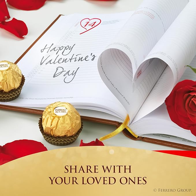 Ferrero Rocher Gourmet Hazelnut Milk Chocolate Valentine's Day Gift Box, 42 Individually Wrapped Chocolates for Gifting, 18.5 oz
