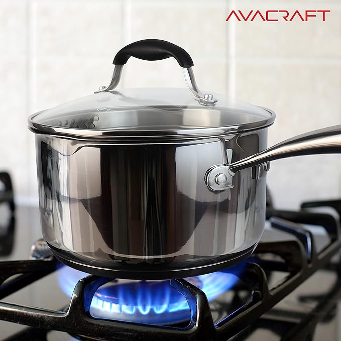 AVACRAFT Stainless Steel Saucepan with Glass Strainer Lid, Two Side Spouts for Easy Pour with Ergonomic Handle, Multipurpose Sauce Pot (5-Ply Capsule Bottom, 3.5 Quart)