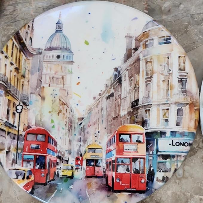 Scenes of London Round Ceramic Coasters, Set of 4 Different Scenes with Black Metal Holder, British Coaster, Gloss Finish, Cork Backed