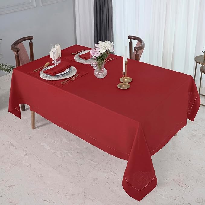 D'Moksha Homes Red Linen Tablecloth for Rectangle Tables 60 x 102 Inch - Classic Hemstitch 100% Pure Linen Red Table Cloth - Machine Washable Dining Tablecloth for Valentines, Spring
