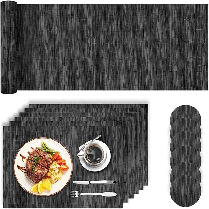 Placemats with Table Runner Sets Place Mats Crossweave Placemat Kitchen Tablemat Washable PVC Table Mats for Dining Table(Black)