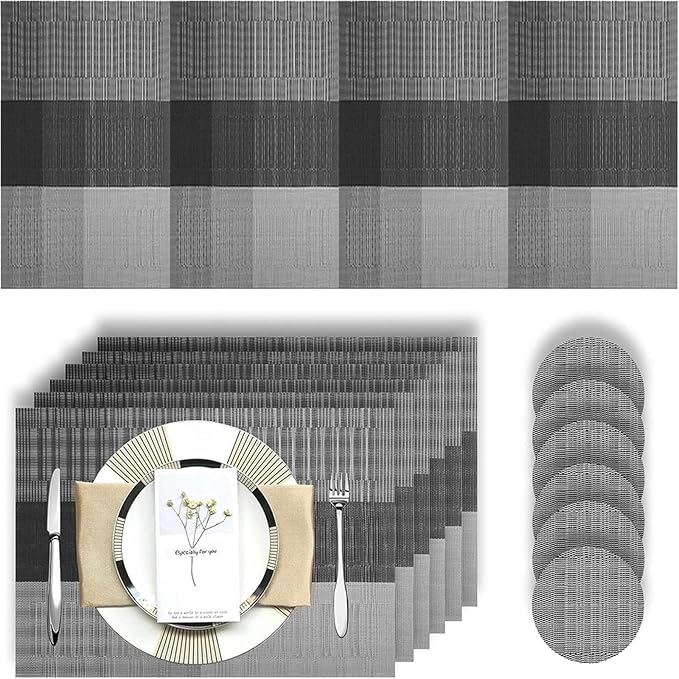 Placemats with Table Runner Sets Place Mats Crossweave Placemat Kitchen Tablemat Washable PVC Table Mats for Dining Table(Grey and Black)