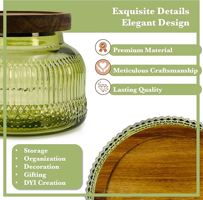 Decorative Green Glass Jar with Airtight Wooden Lid 25.4 oz, Wide Mouth Vintage Kitchen Food Storage Container for Cookie Candy Honey Flour Spice Coffee Tea, Home Decor Sand Candle Holder Vase