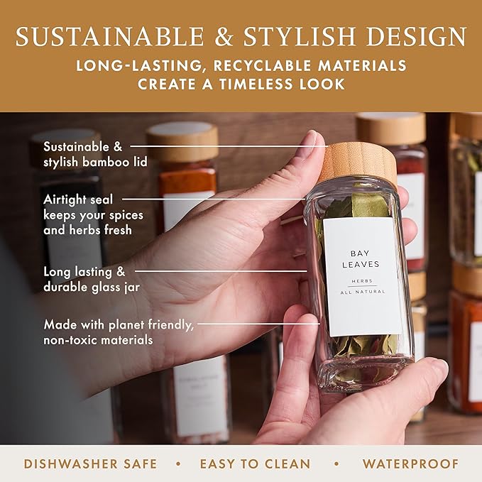 Glass Spice Jars with 360 Labels -24 pcs- 4oz- Spice Containers with Bamboo Lids -Shaker Lids- Pepper Grinder-Spice Organization for Cabinet-Drawer-Rack-Seasoning Organizer-Square bottles
